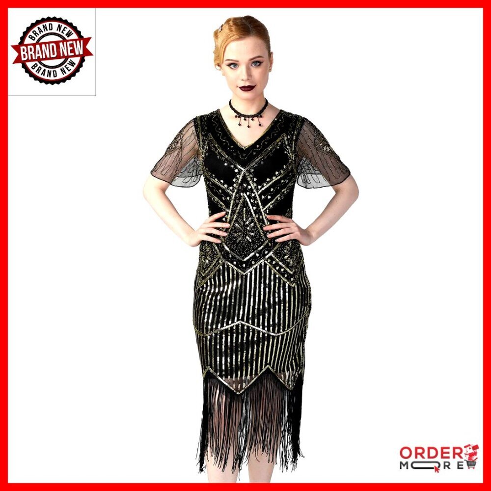 1920s Flapper Dress Sequin Fringe Cocktail Party Midi Dress Sleeve